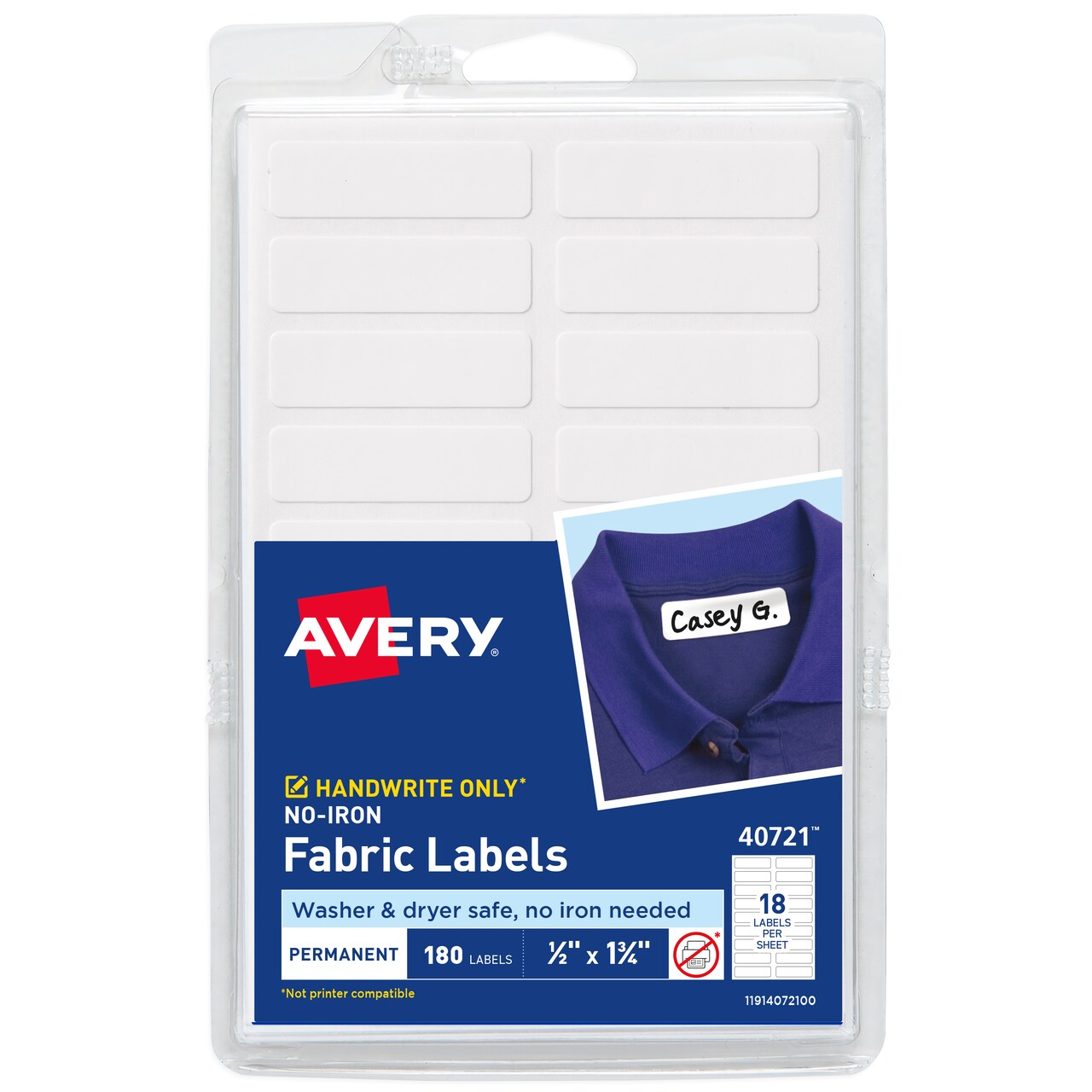 Avery No-Iron Fabric Labels, 1/2" x 1-3/4", Washer and Dryer-Safe Waterproof Labels, Non-Printable, 180 Blank Labels Total (40721)
